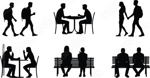 Silhouettes of people in various social and casual poses on white background vector