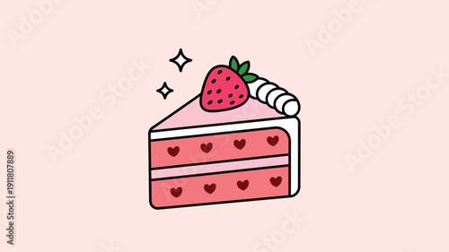 Strawberry Cake Slice With Hearts Cute Dessert Illustration Flat Vector Sweet Food Icon
