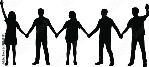Silhouettes of five people holding hands in a line with one person raising an arm on a white background