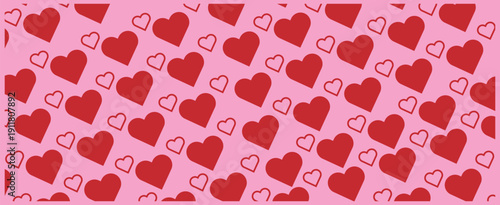 A vibrant pink background adorned with a multitude of red and purple hearts in a repeating diagonal pattern