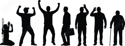 Human life stages silhouette collection, child to senior man evolution concept, standing and emotional poses, black vector illustration set isolated