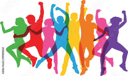 Colorful jumping people silhouette vector illustration set, showing celebration, diversity, success, joy and active lifestyle concept