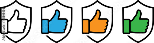 Colorful thumbs up icons behind shields for approval and protection
