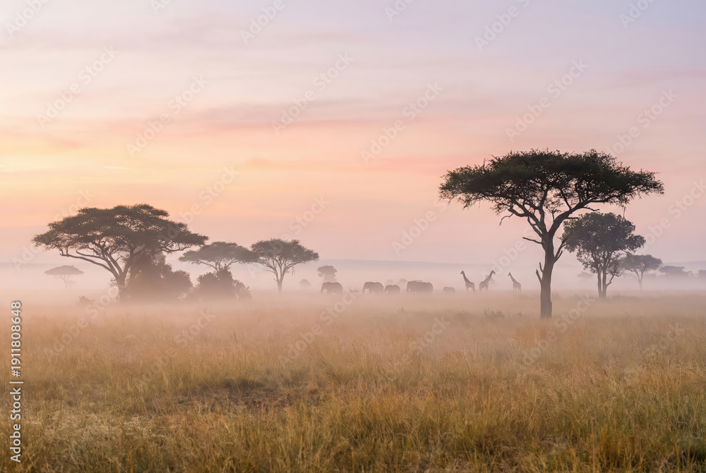 Obraz premium African elephants and giraffes walking through a misty savanna at dawn.