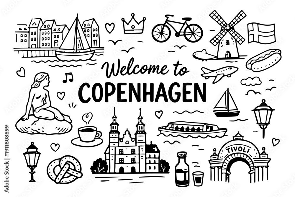 Obraz premium Copenhagen travel doodle set. Hand drawn Denmark landmarks and culture sketch illustration.
