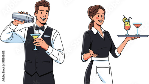 Bartender making cocktail drink, waitress serving beverages, professional hospitality service, restaurant and bar staff, mixology, nightlife drinks preparation and customer service