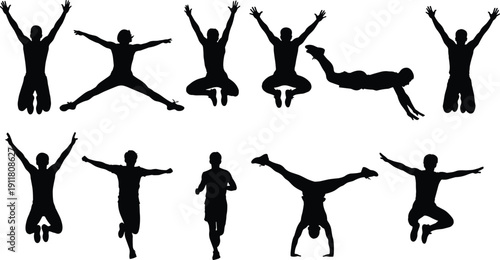 Jumping and running men silhouettes set, dynamic male action poses black vector illustration isolated on white background