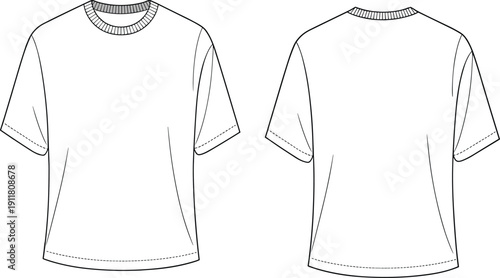Basic t-shirt technical flat sketch, front and back view, fashion template, blank clothing mockup, unisex casual wear design