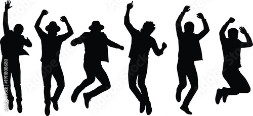 Jumping men silhouettes collection, energetic male dancers celebrating isolated on white background illustration set