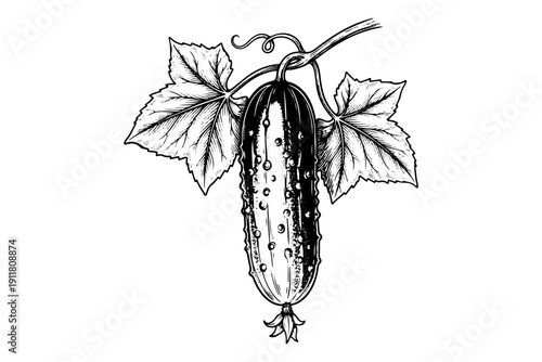 Cucumber vegetable engraving. Hand drawn vintage plant with leaves sketch illustration.