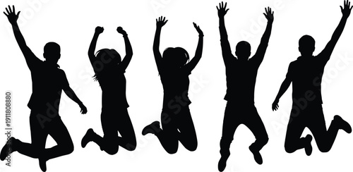 Jumping people silhouettes collection, happy men and women celebrating victory black vector illustration isolated on white background