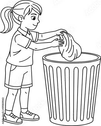 Black and white line drawing of young person disposing trash in outdoor bin, environmental cleanliness and waste management illustration for educational projects
