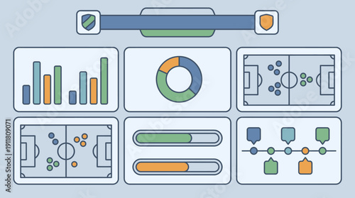 Vector sports statistics dashboard with bar charts, pie graphs, football field formations, and progress bars on a light blue background .
