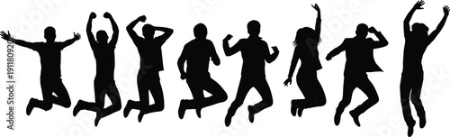 Jumping people silhouettes set, happy men and women celebrating in air black vector illustration isolated on white background