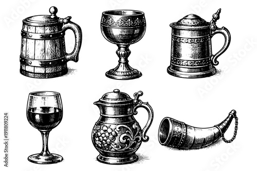 Vintage drinking vessels engraving. Hand drawn medieval goblet, beer mug and whiskey decanter sketch illustration.