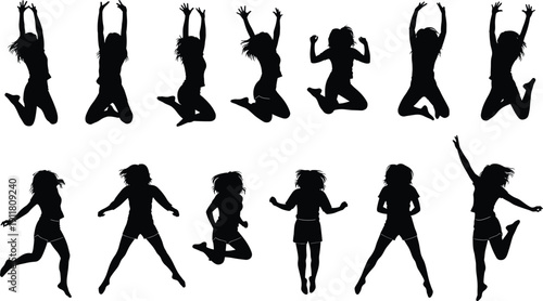 Jumping woman silhouettes collection, happy female celebrating in air, energetic poses black vector illustration isolated set