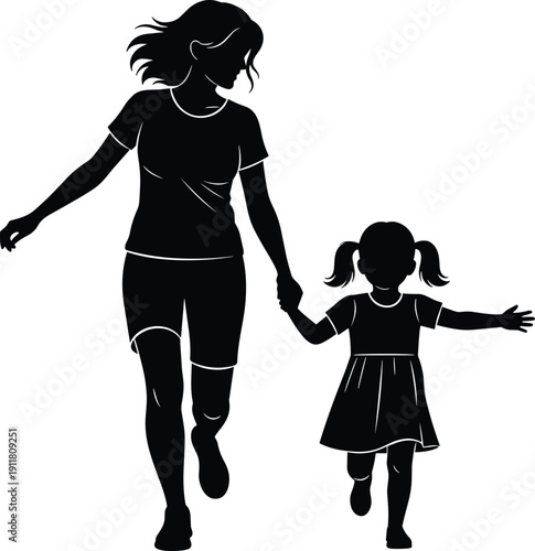 Mother and daughter silhouette walking hand in hand, loving parent child relationship isolated on white background illustration