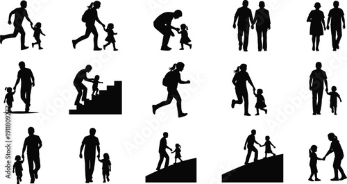 Parents and children silhouettes set, family walking running playing and helping scenes black vector illustration isolated on white background