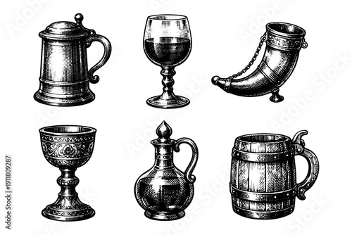 Vintage drinking vessels engraving. Hand drawn medieval goblet, beer mug and whiskey decanter sketch illustration.