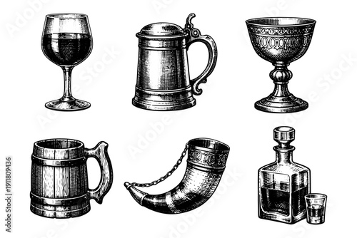Vintage drinking vessels engraving. Hand drawn medieval goblet, beer mug and whiskey decanter sketch illustration.