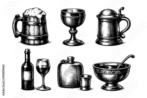 Vintage drinking vessels engraving. Hand drawn medieval goblet, beer mug and whiskey decanter sketch illustration.