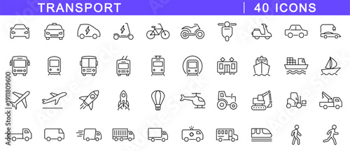 Transport icons set. Transportation icons in line style. Editable web icons auto, vehicle, bus, truck, train, subway, ship, plane, on foot etc. Vector illustration.