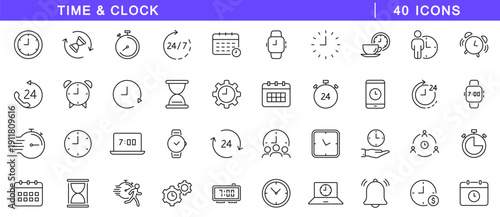 Time icons set. Time and clock icons in line style. Editable web icons timer, watch, speed, calendar, alarm clock, date and time management. Vector illustration.