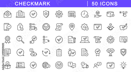 Checkmark icon set. Approval icons in line style. Editable web icons for agreement, vote, confirmation, choise, validation, completed tasks and verified status. Vector illustration.