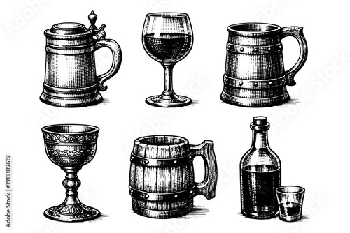 Vintage drinking vessels engraving. Hand drawn medieval goblet, beer mug and whiskey decanter sketch illustration.