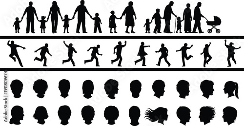 People silhouettes collection, family generations, walking poses and male female profile heads black vector illustration isolated on white