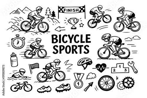 Bicycle sports doodle set. Hand drawn cycling disciplines and athlete sketch illustration.