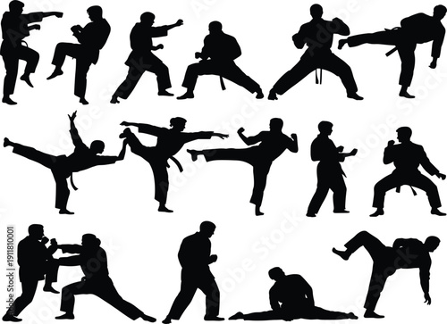 Professional martial arts karate silhouette set, showing combat training, exercise and healthy lifestyle concept