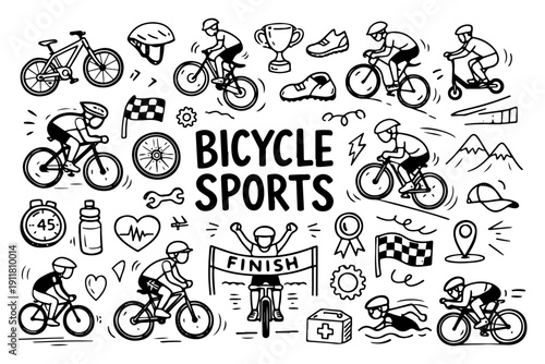 Bicycle sports doodle set. Hand drawn cycling disciplines and athlete sketch illustration.