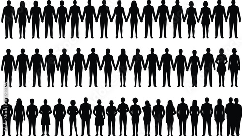 Three rows of black silhouettes of people holding hands in a line on a white background Keywords: people, silhouettes, black