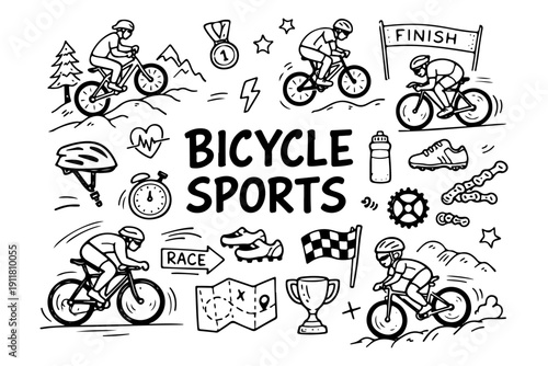 Bicycle sports doodle set. Hand drawn cycling disciplines and athlete sketch illustration.