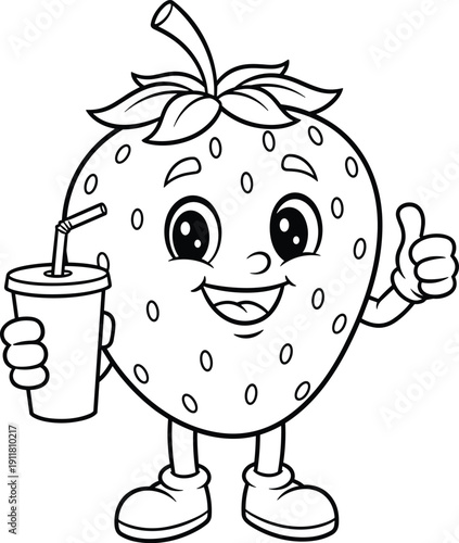 Cartoon strawberry character, fruit mascot, happy berry, thumbs up, smoothie cup, healthy eating, kids illustration, fun food concept, vector art