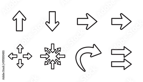 Collection of Black Outline Arrows Icons on White Background, Vector Graphics