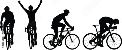 Professional road cycling race silhouette set, showing athlete performance, bicycle competition, fitness and exercise concept