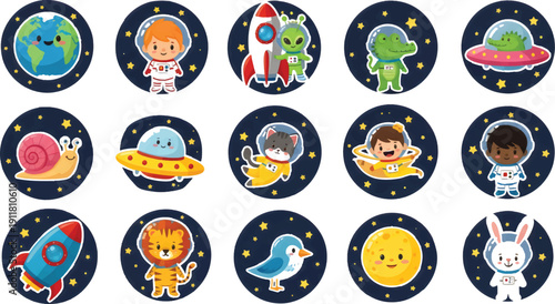 Cute cartoon illustrations of various elements and characters related to space exploration and outer space adventures