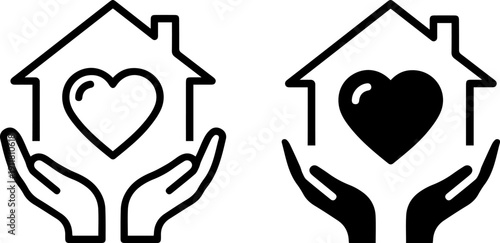 Hands holding house with heart symbol inside for love and care