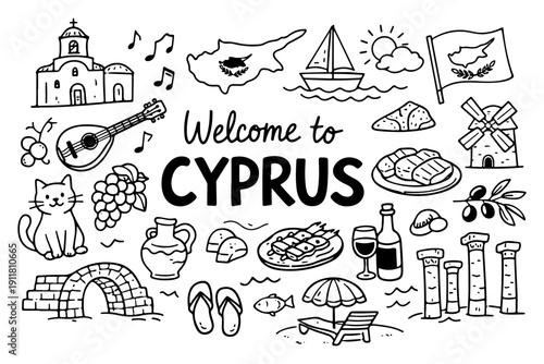 Cyprus travel doodle set, hand drawn island symbols and Mediterranean landmarks in line art style