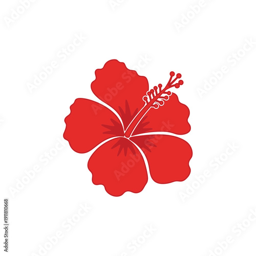 Hibiscus Flower Minimal Line Style Red Flat Vector Illustration, Tropical Floral Graphic