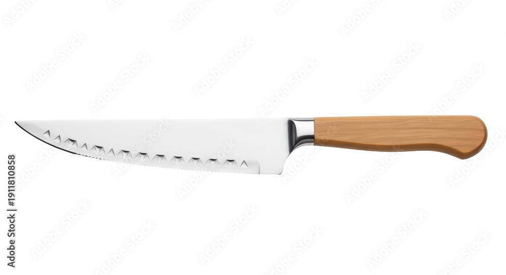 Fototapeta premium Bread knife with serrated blade and wooden handle isolated PNG, kitchen utensil for slicing bread on transparent background