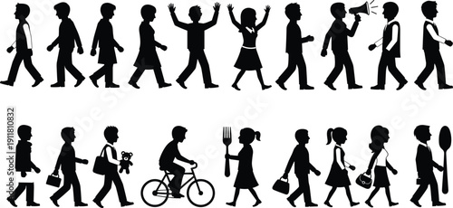 People walking silhouettes collection, men women children daily activities black vector illustration isolated on white background