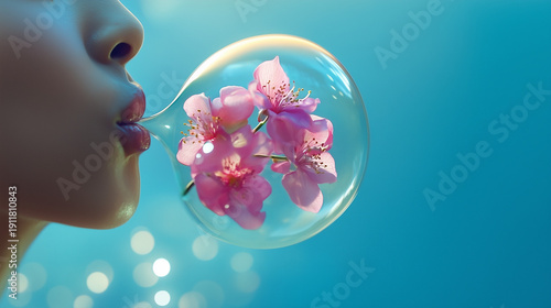 A girl is blowing a balloon filled with floating flowers, creating a magical, delicate, and whimsical atmosphere.