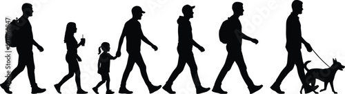 People walking silhouettes collection, men women child and dog, casual lifestyle black vector illustration isolated set