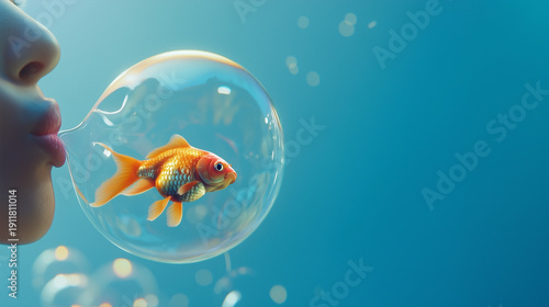 A girl is blowing a balloon in which three goldfish are swimming, creating a magical and delicate atmosphere.