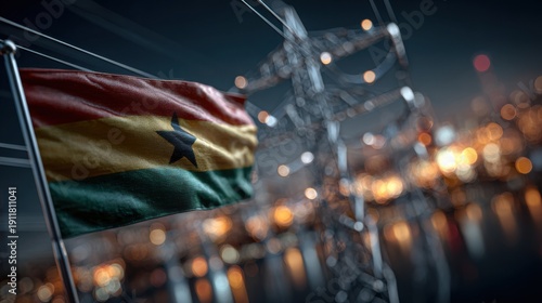 Wallpaper Mural Ghana flag waving near power lines with city lights visible at night Torontodigital.ca