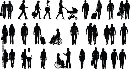 People walking silhouettes set with men women couples traveler and wheelchair user black vector illustration isolated on white
