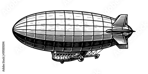 Vintage dirigible engraving, antique zeppelin airship sketch and steampunk aviation illustration in woodcut style isolated